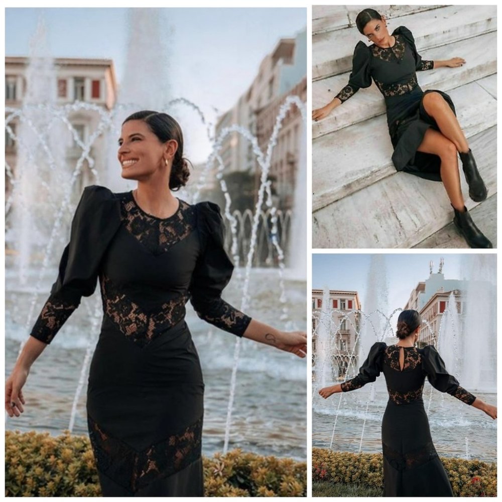 H&M Conscious Bloggers Favorite Lace Trimmed Puffsleeved Long Black Dress